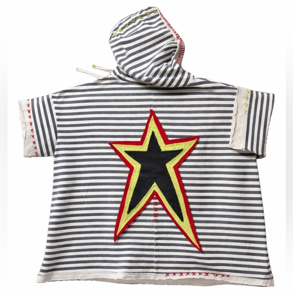 Oversized Organic Cotton Hooded Top, Star Appliqué Striped Boho Unisex Hoodie - Picture 5 of 14